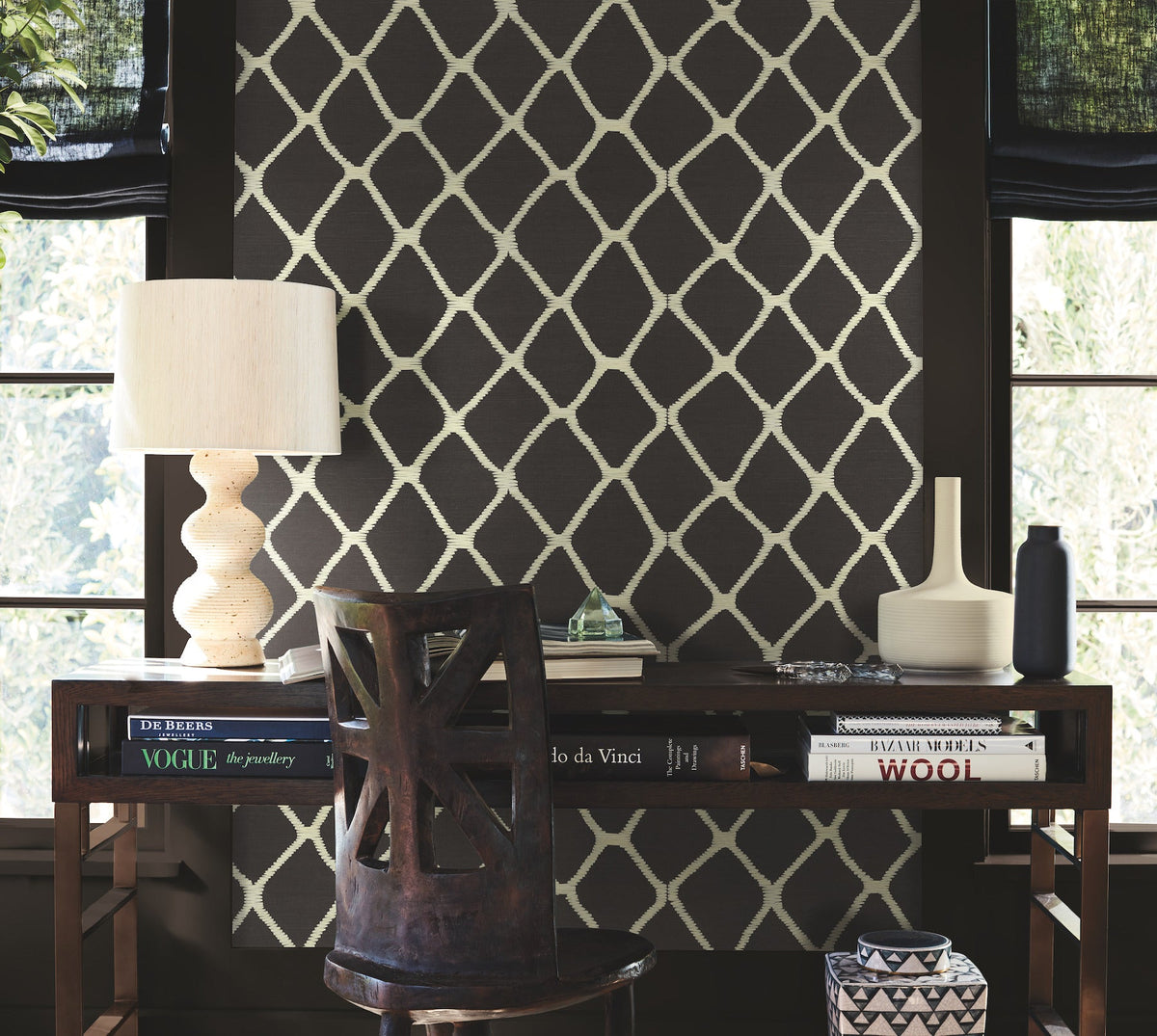 AB3121 Tonga Black & White Artifacts Wallpaper by York Wallcoverings