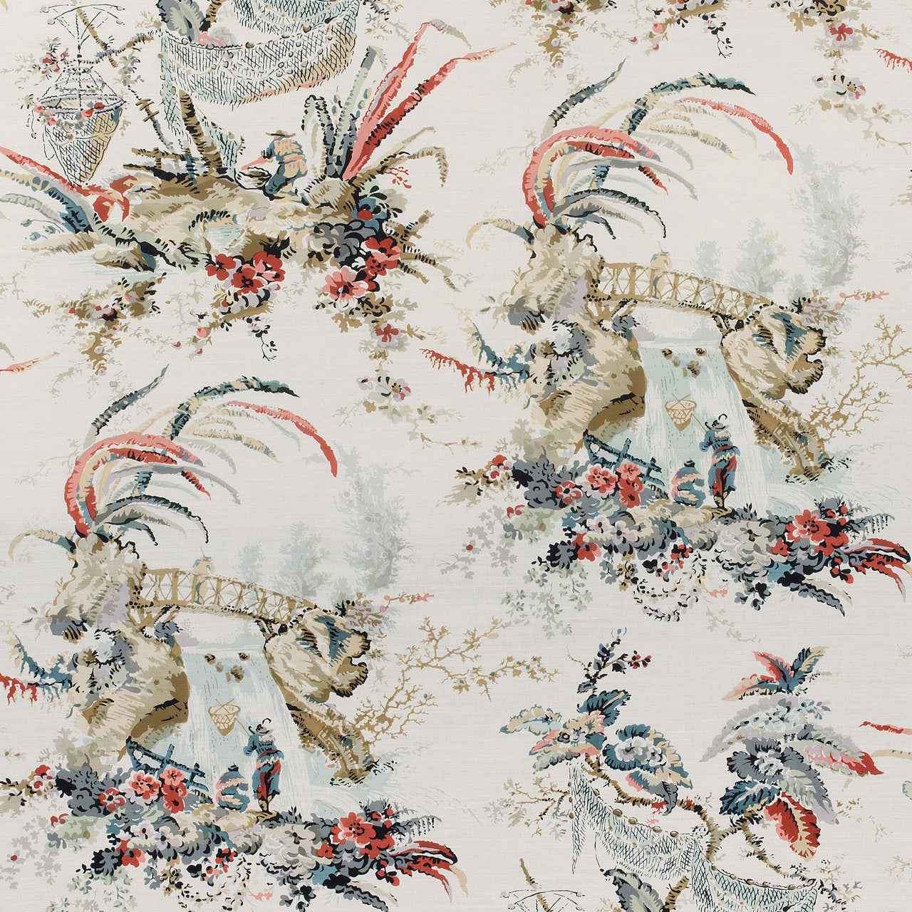 AF72985 Moorea Manor Cream on Coral Fabric by Anna French