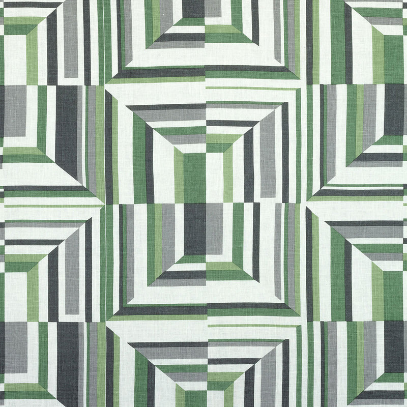 AF9649 Cubism Savoy Green on White Fabric by Anna French