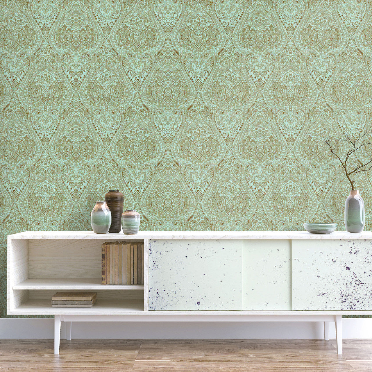 AM22002-4 Lace Zen Green Wallpaper By Galerie