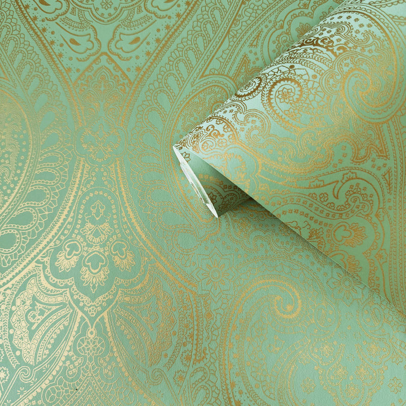 AM22002-4 Lace Zen Green Wallpaper By Galerie