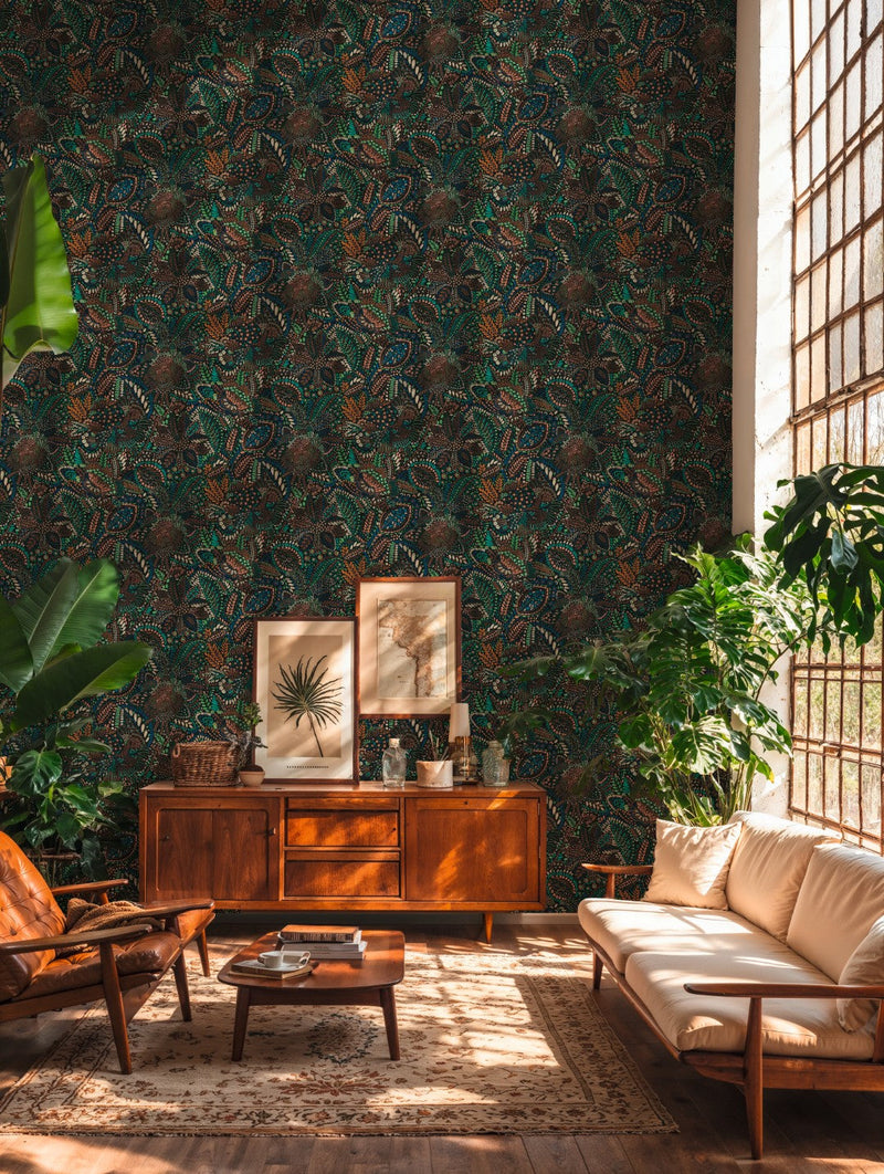 Batik Leaf Teal & Rust Cuba II Wallpaper by A S Creation — roomshot 1
