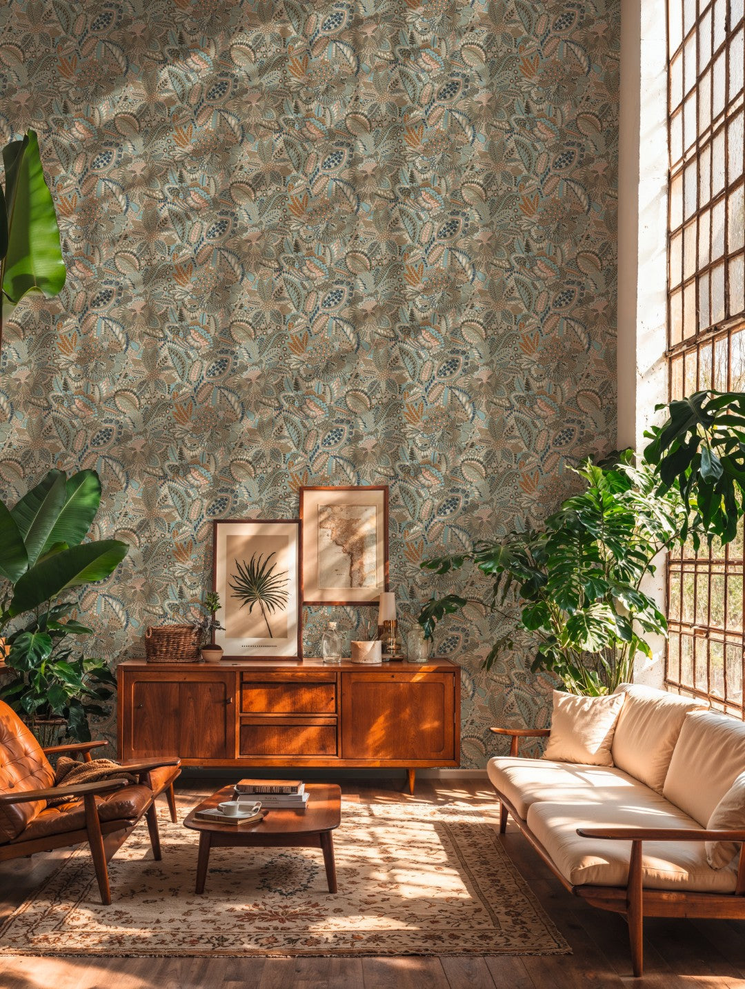 Batik Leaf Blue Grey Cuba II Wallpaper by A S Creation — roomshot 2