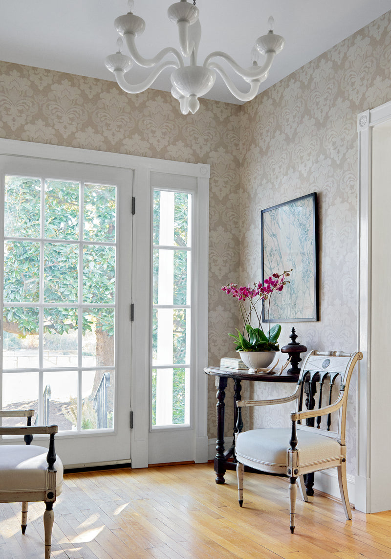 AT16122 Darcey Damask Flax Belvedere Wallpaper by Anna French