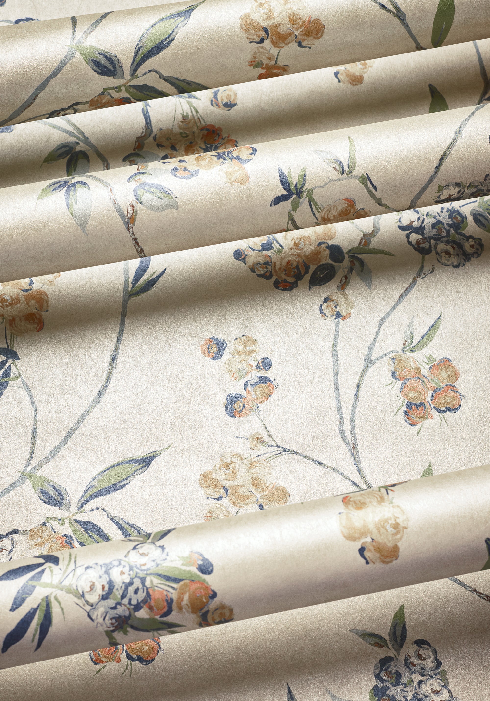 AT16152 Edo Bloom Apricot and Slate on Pearl Belvedere Wallpaper by Anna French