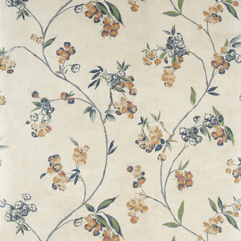 AT16152 Edo Bloom Apricot and Slate on Pearl Belvedere Wallpaper by Anna French