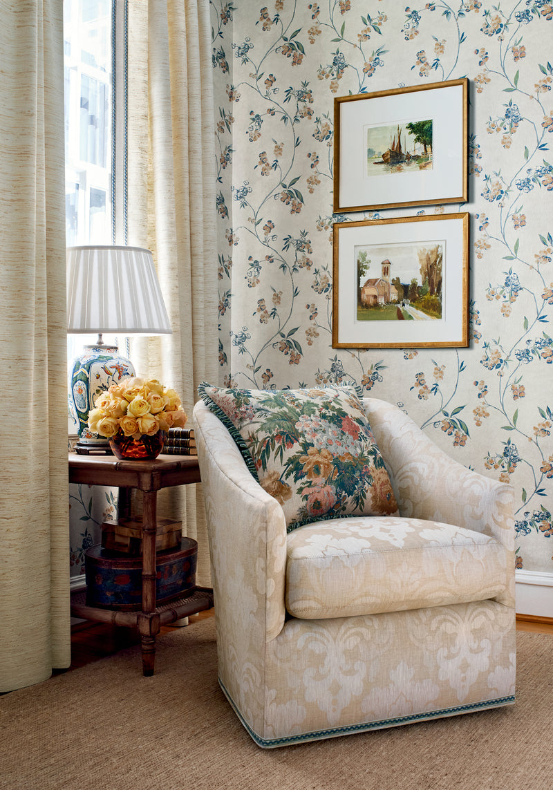 AT16152 Edo Bloom Apricot and Slate on Pearl Belvedere Wallpaper by Anna French