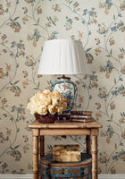 AT16152 Edo Bloom Apricot and Slate on Pearl Belvedere Wallpaper by Anna French