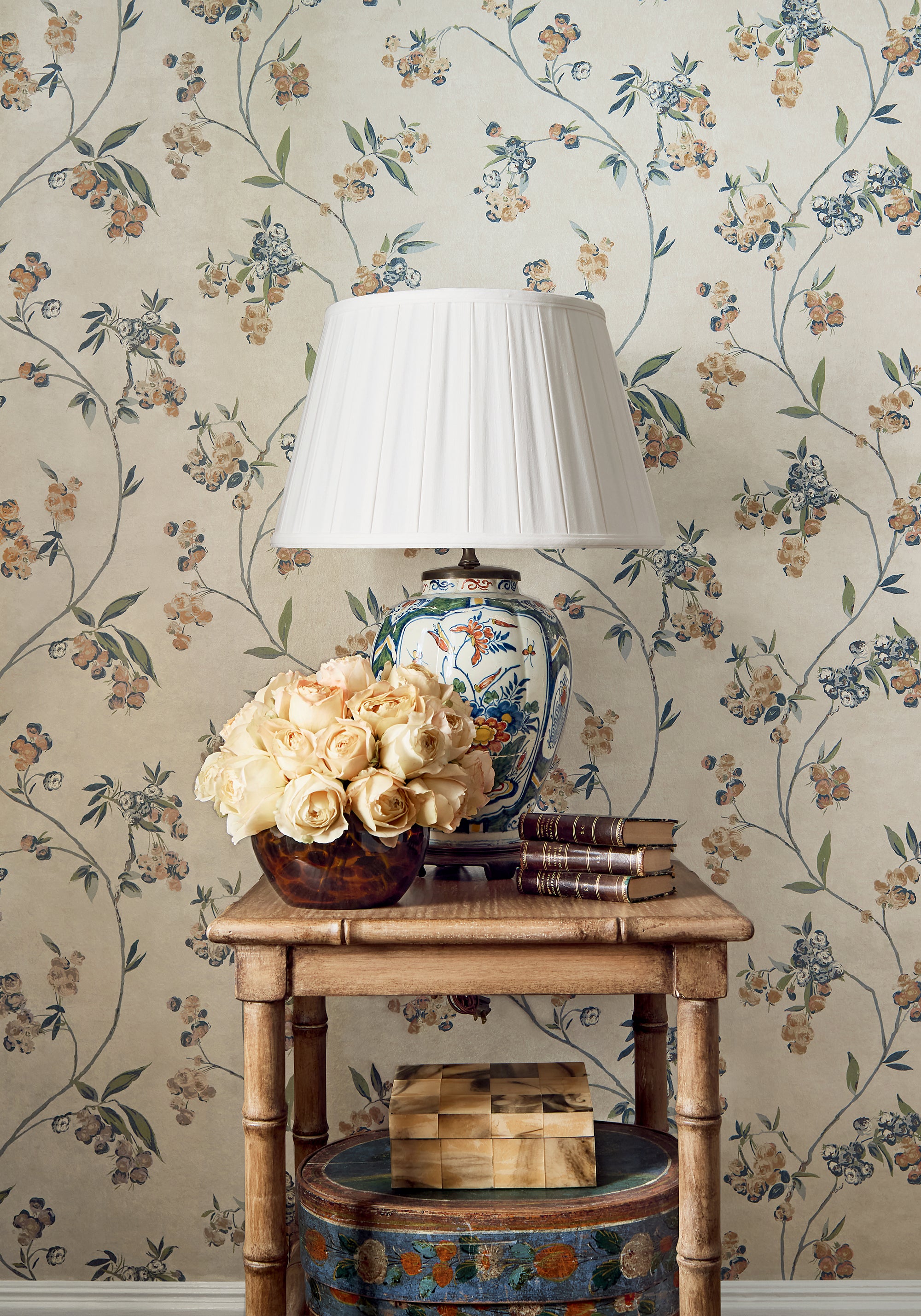 AT16152 Edo Bloom Apricot and Slate on Pearl Belvedere Wallpaper by Anna French