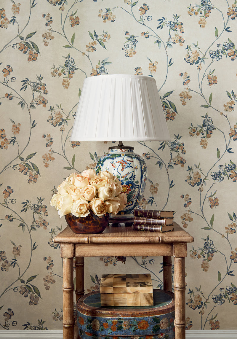 AT16152 Edo Bloom Apricot and Slate on Pearl Belvedere Wallpaper by Anna French
