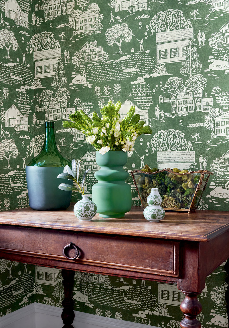 AT16164 Farmingdale Green Belvedere Wallpaper by Anna French