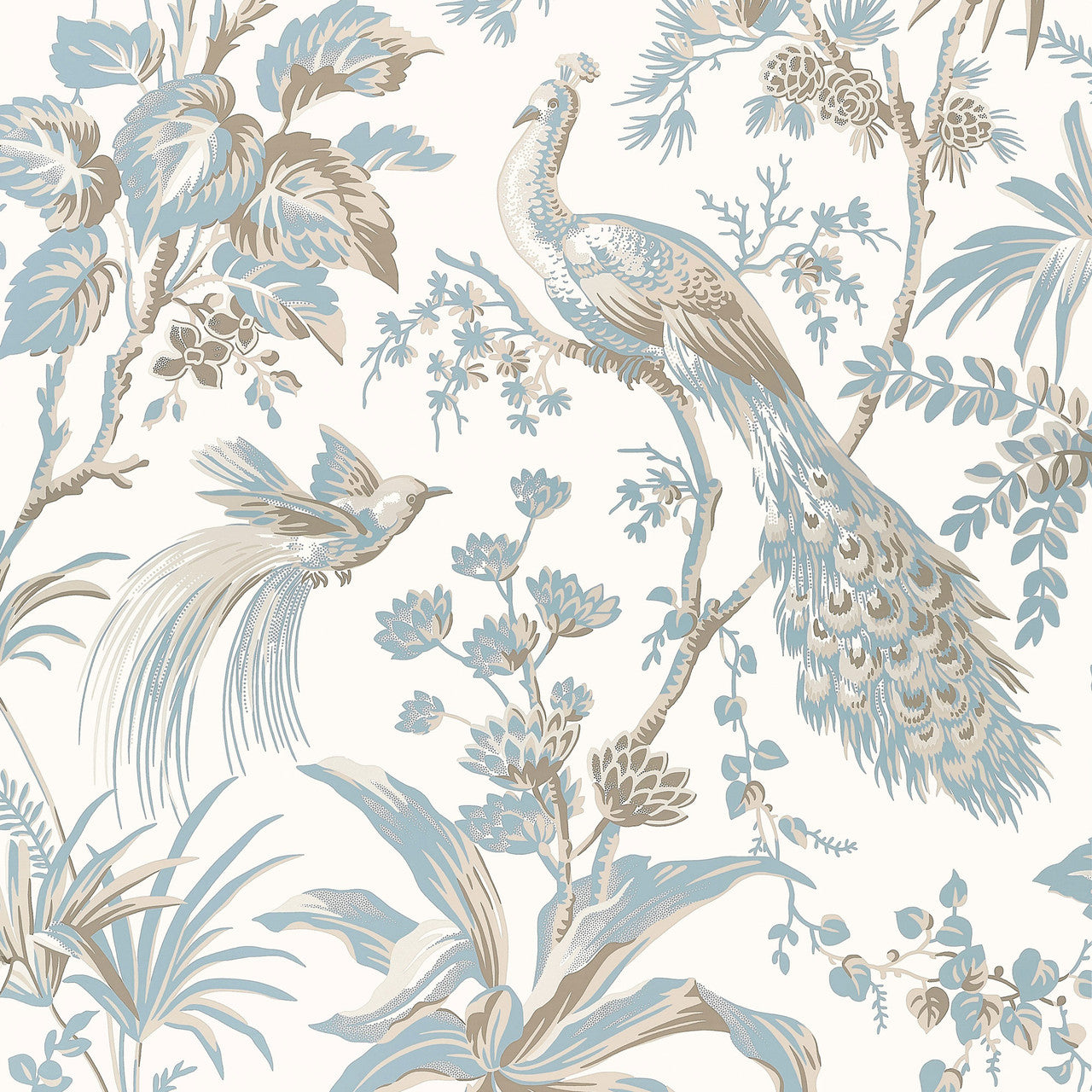 AT57828 Peacock Toile Bristol Soft Blue & Beige Wallpaper by Anna French