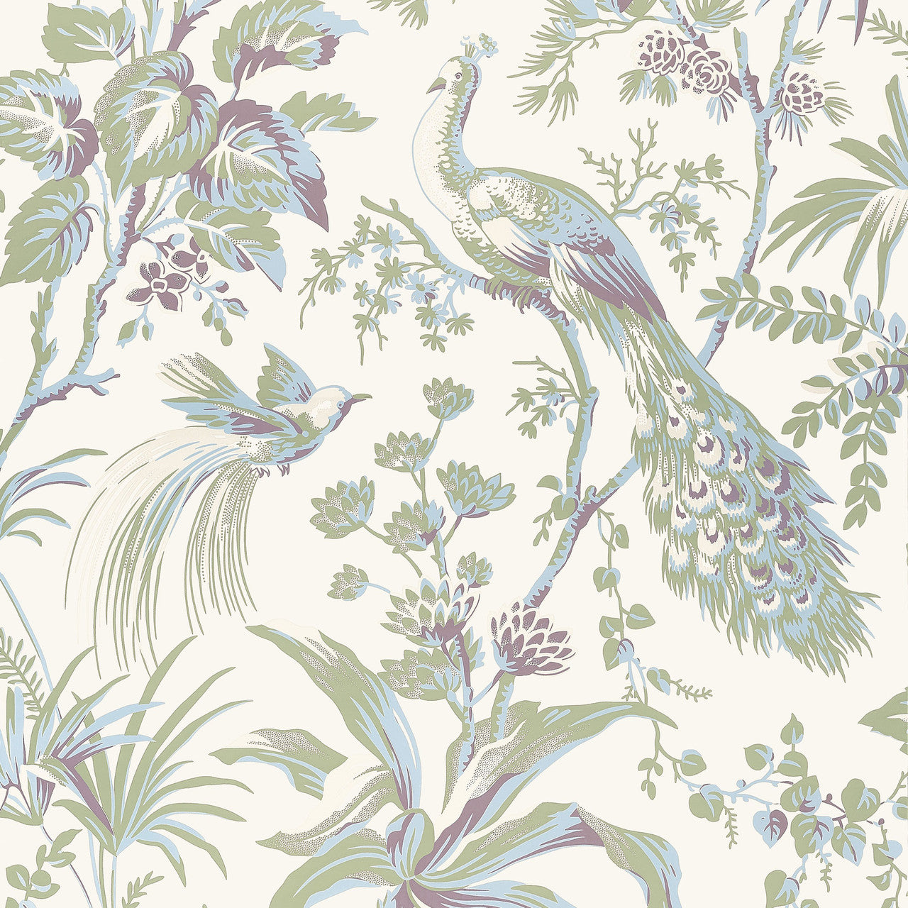 AT57829 Peacock Toile Bristol Green & Plum Wallpaper by Anna French