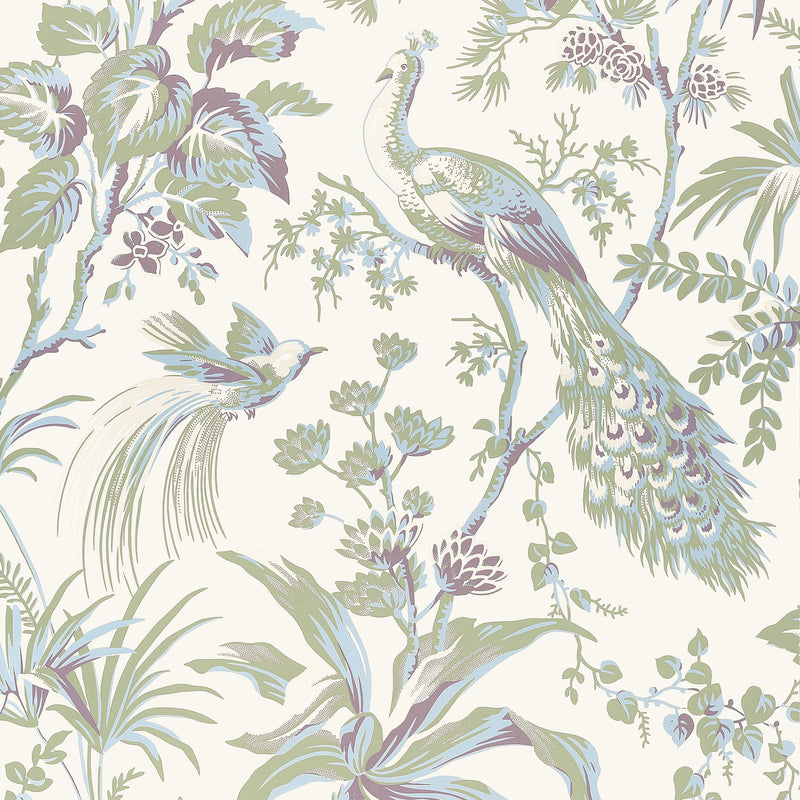 AT57829 Peacock Toile Bristol Green & Plum Wallpaper by Anna French