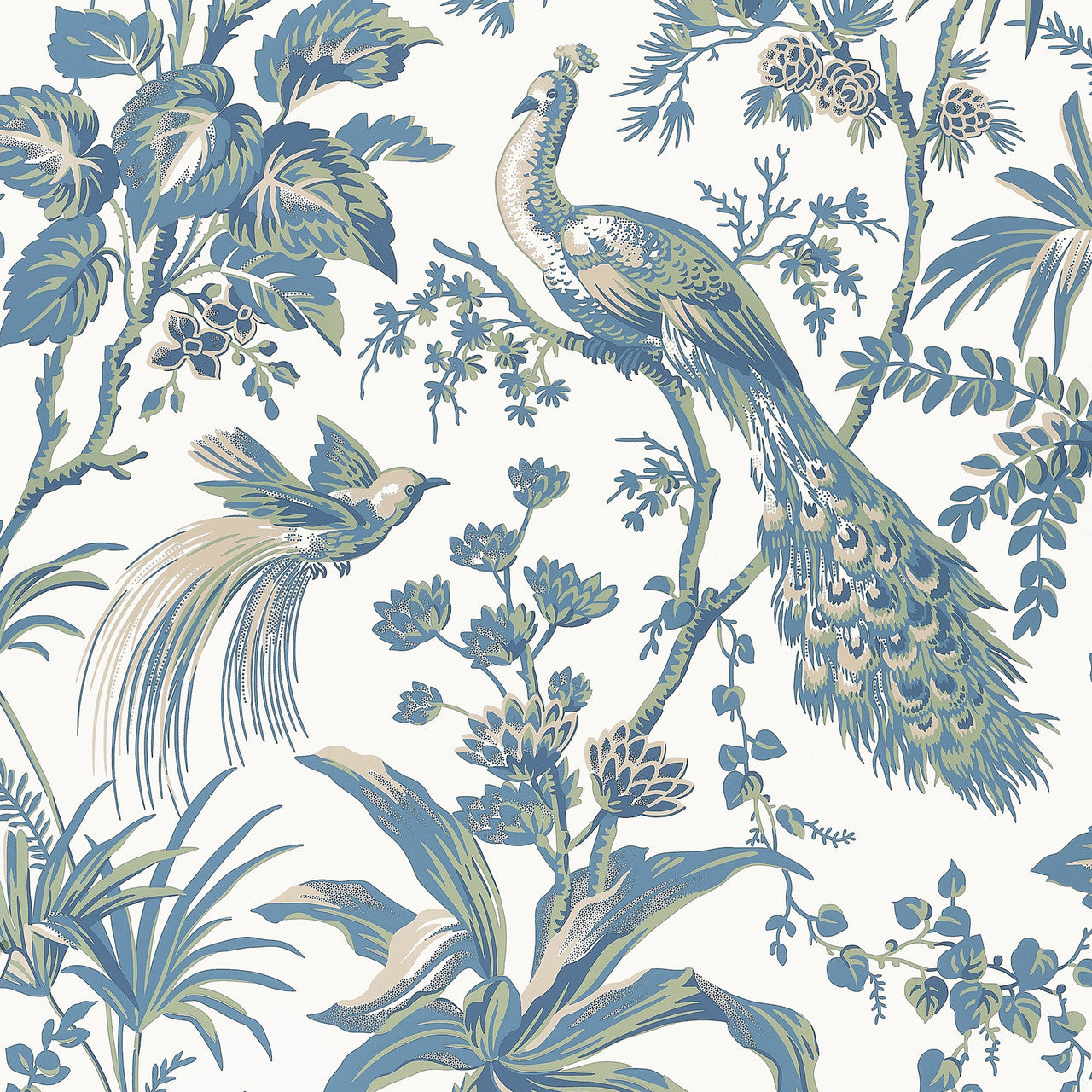AT57830 Peacock Toile Bristol Blue & Green Wallpaper by Anna French