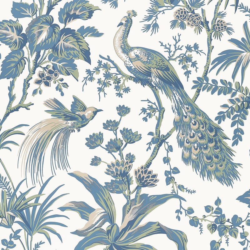 AT57830 Peacock Toile Bristol Blue & Green Wallpaper by Anna French