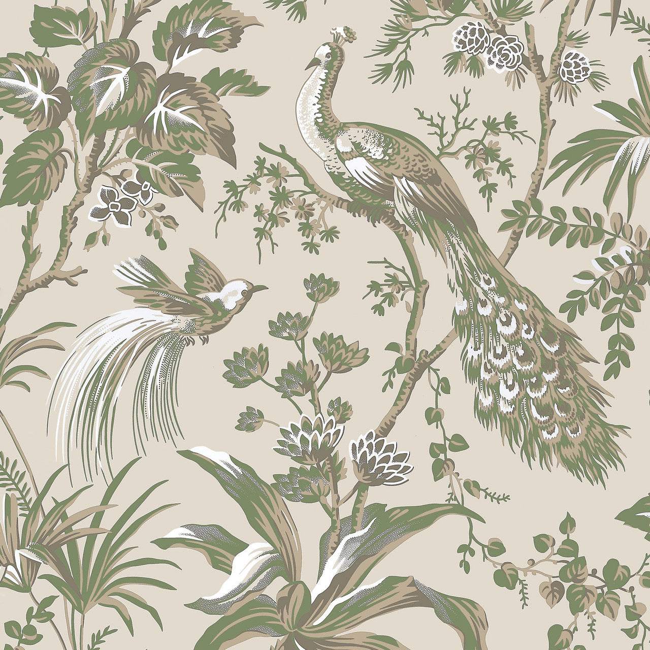 AT57832 Peacock Toile Bristol Green on Natural Wallpaper by Anna French