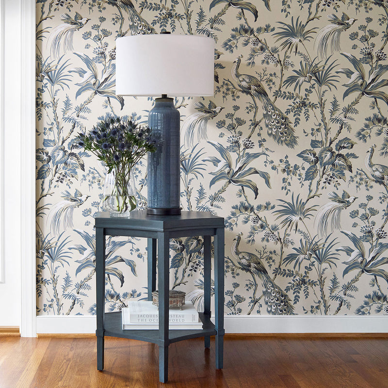 AT57833 Peacock Toile Bristol Slate & Black Wallpaper by Anna French