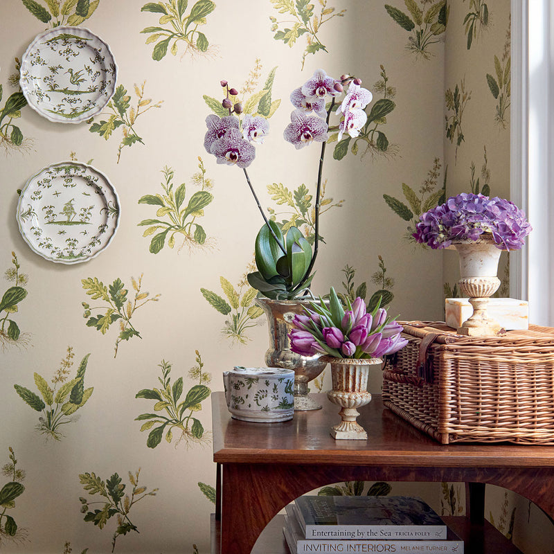 AT57853 Woodland Bristol Green on Natural Wallpaper by Anna French