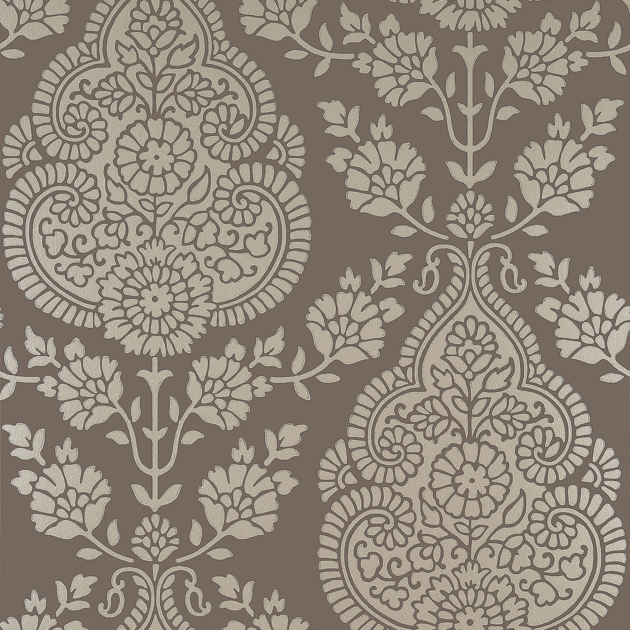 AT57869 Balmuccia Damask Bristol Pewter on Chestnut Wallpaper by Anna French