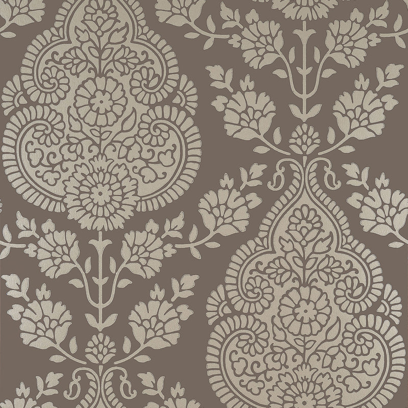 AT57869 Balmuccia Damask Bristol Pewter on Chestnut Wallpaper by Anna French