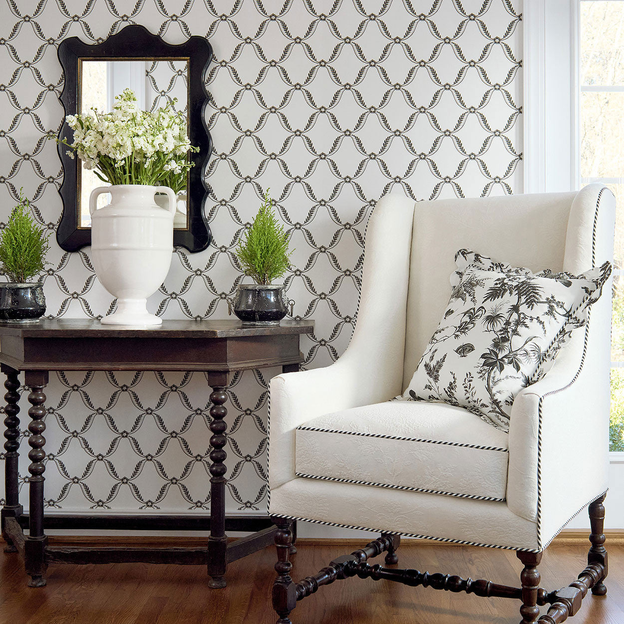 AT57883 Tate Trellis Bristol Black Wallpaper by Anna French
