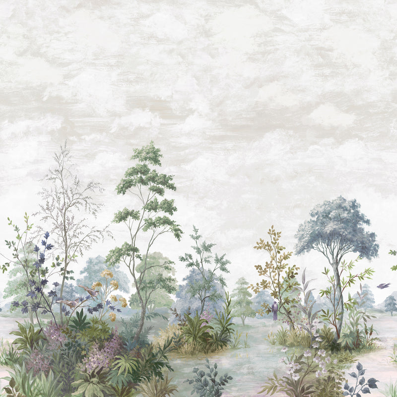 ATM16154 Cumbria Mural Pale Blue and Green on Pearl Belvedere Wallpaper by Anna French