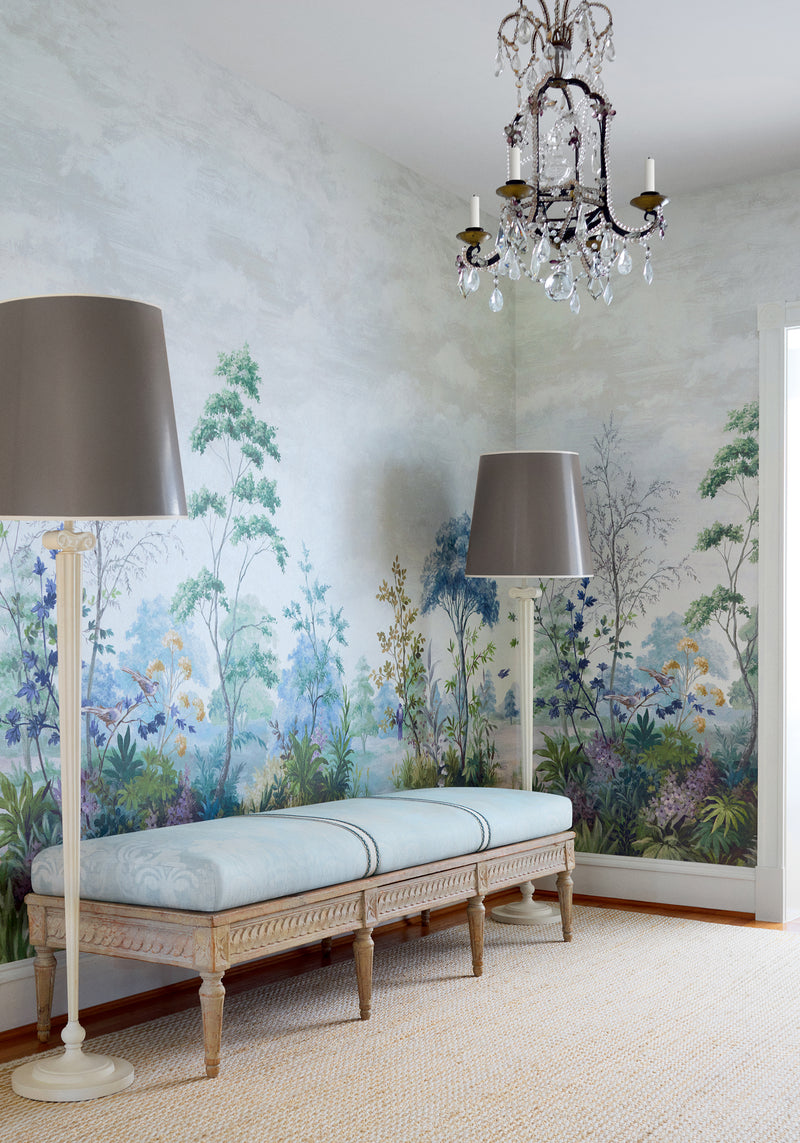ATM16154 Cumbria Mural Pale Blue and Green on Pearl Belvedere Wallpaper by Anna French