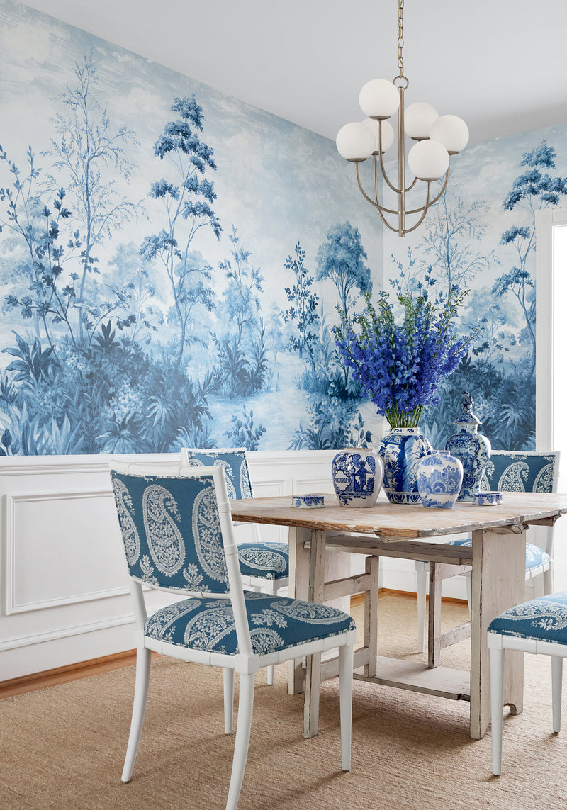 ATM16155 Cumbria Mural Blue and White on Pearl Belvedere Wallpaper by Anna French