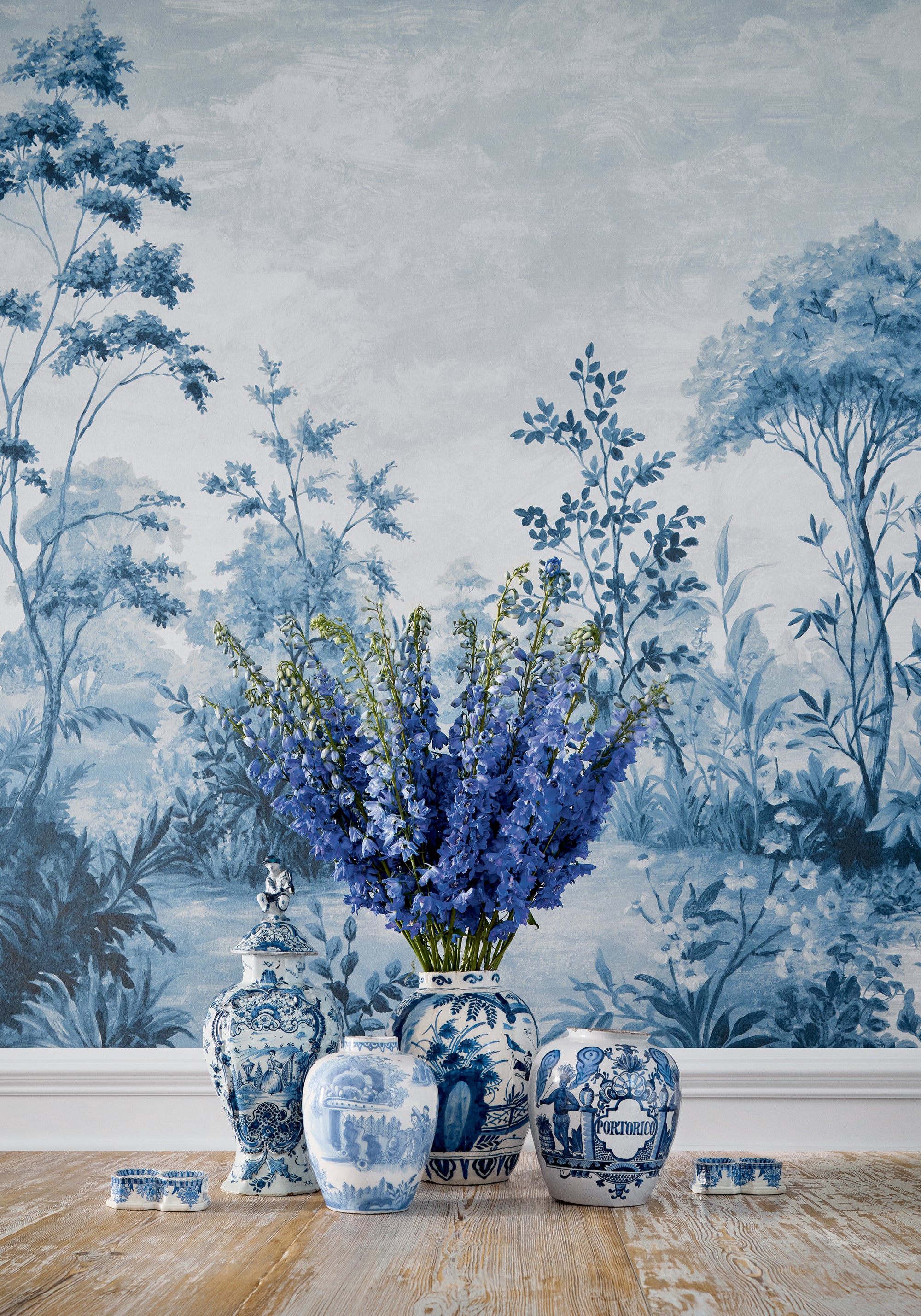 ATM16155 Cumbria Mural Blue and White on Pearl Belvedere Wallpaper by Anna French