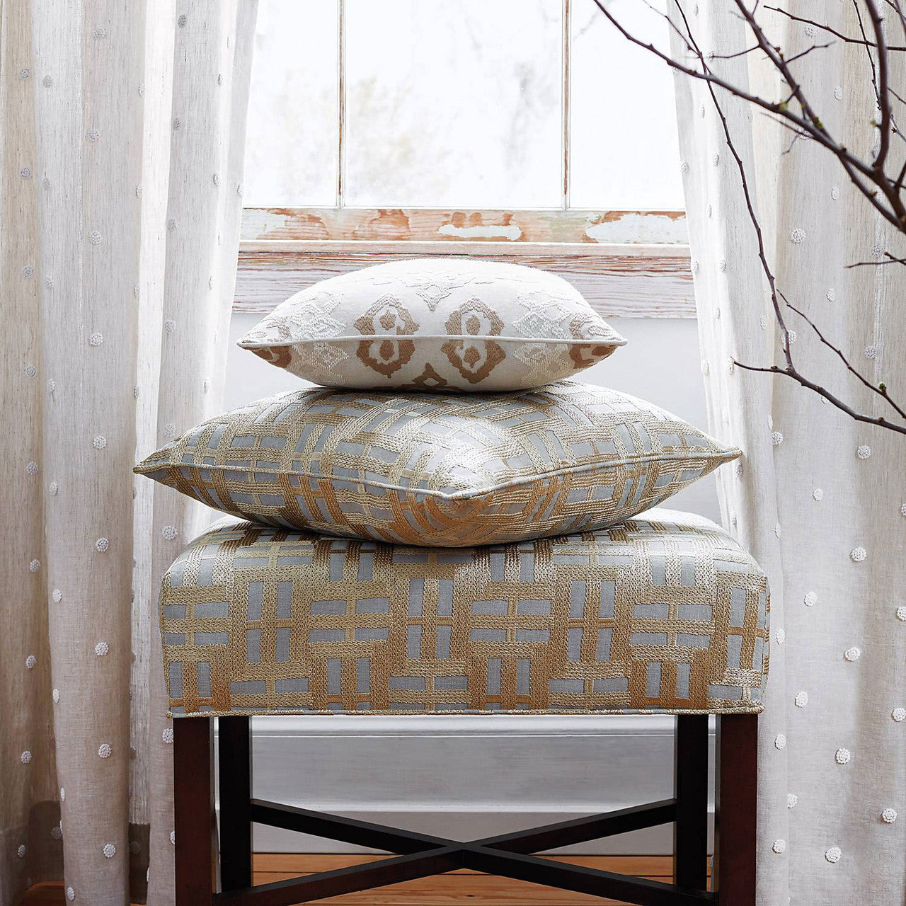 AW73002 Lock Embroidery Meridian Gold on Grey Fabric by Anna French