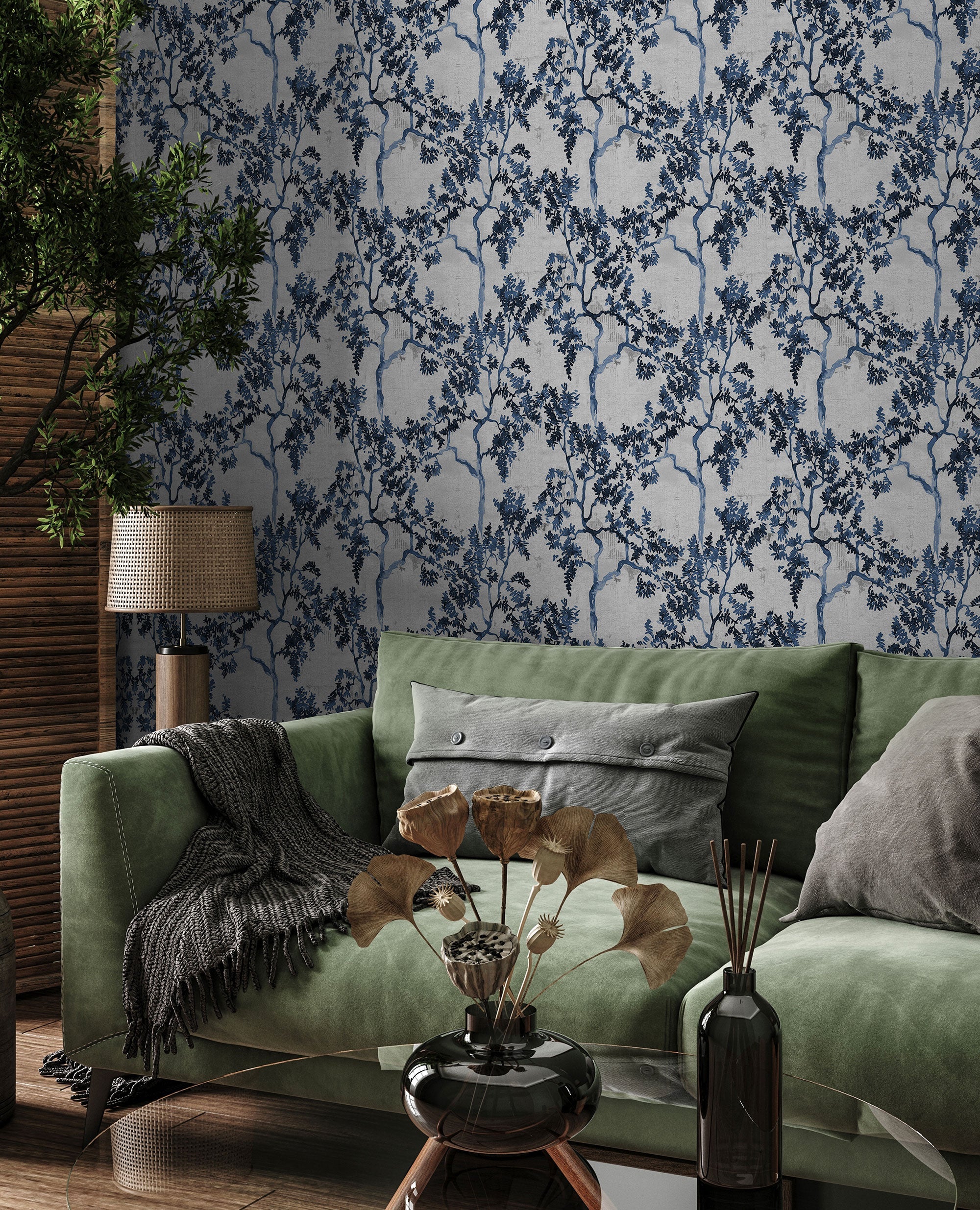 Willow Poem Sapphire Forbidden City Wallpaper by Coordonné