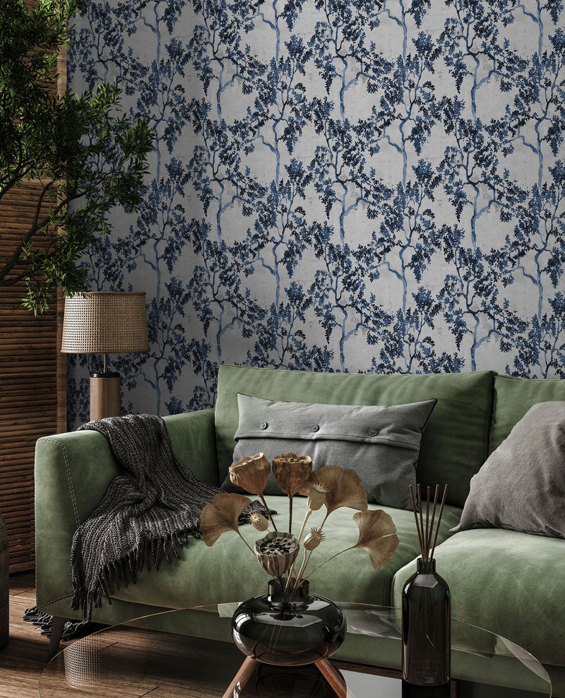 Willow Poem Sapphire Forbidden City Wallpaper by Coordonné