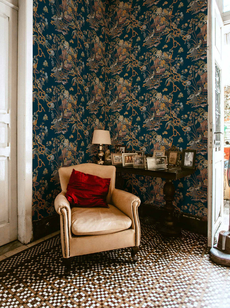 Sacred Pheasants Sapphire Forbidden City Wallpaper by Coordonné