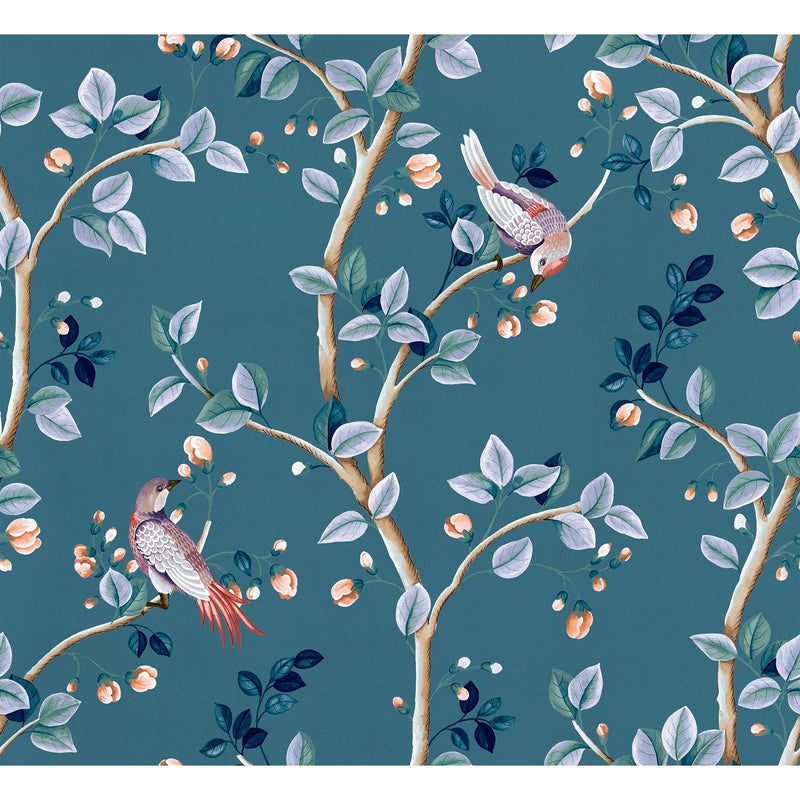 Birds Prosperity Sapphire Forbidden City Wallpaper by Coordonné