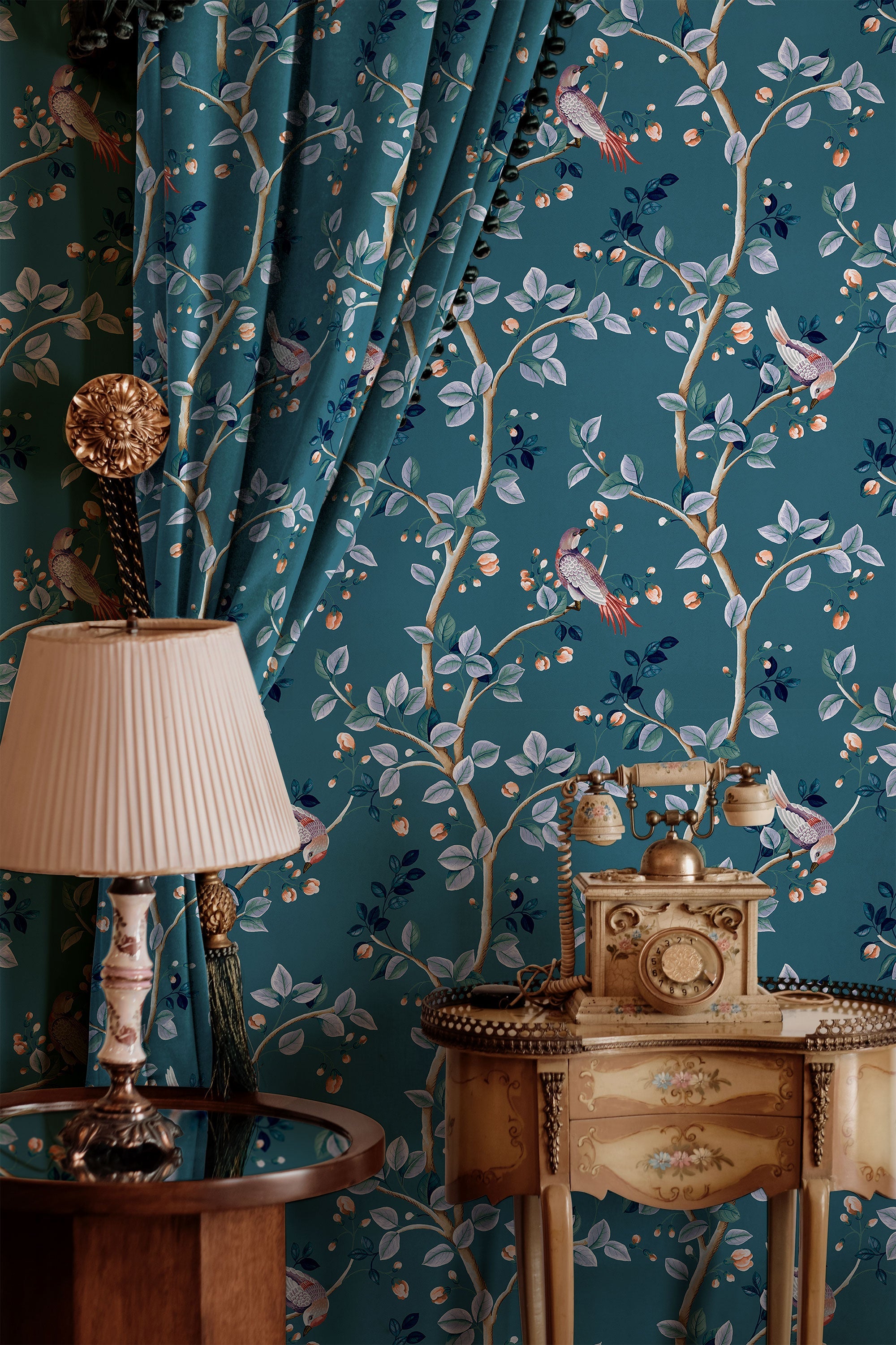 Birds Prosperity Sapphire Forbidden City Wallpaper by Coordonné