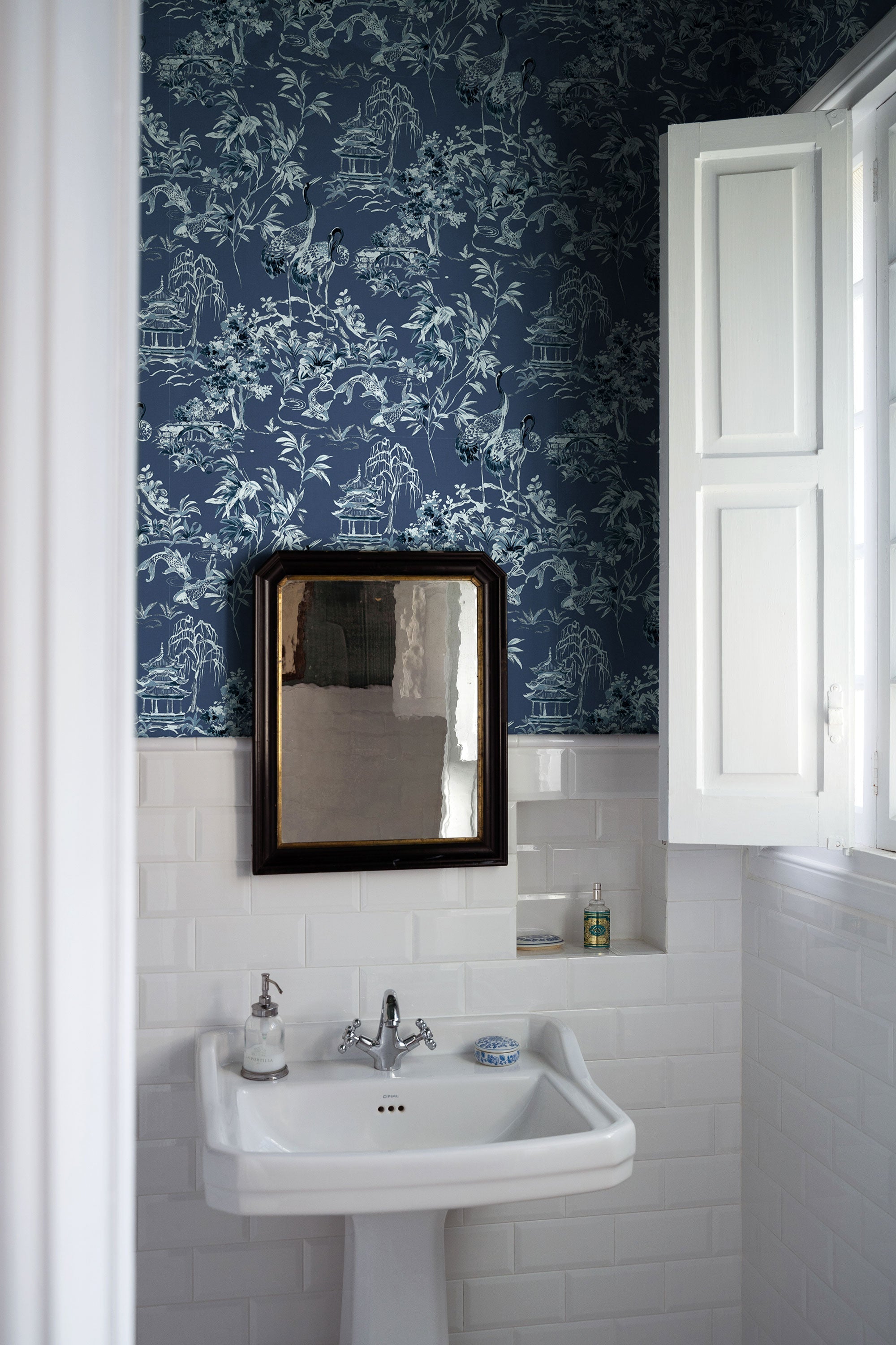 Ming Pagoda Navy Forbidden City Wallpaper by Coordonné