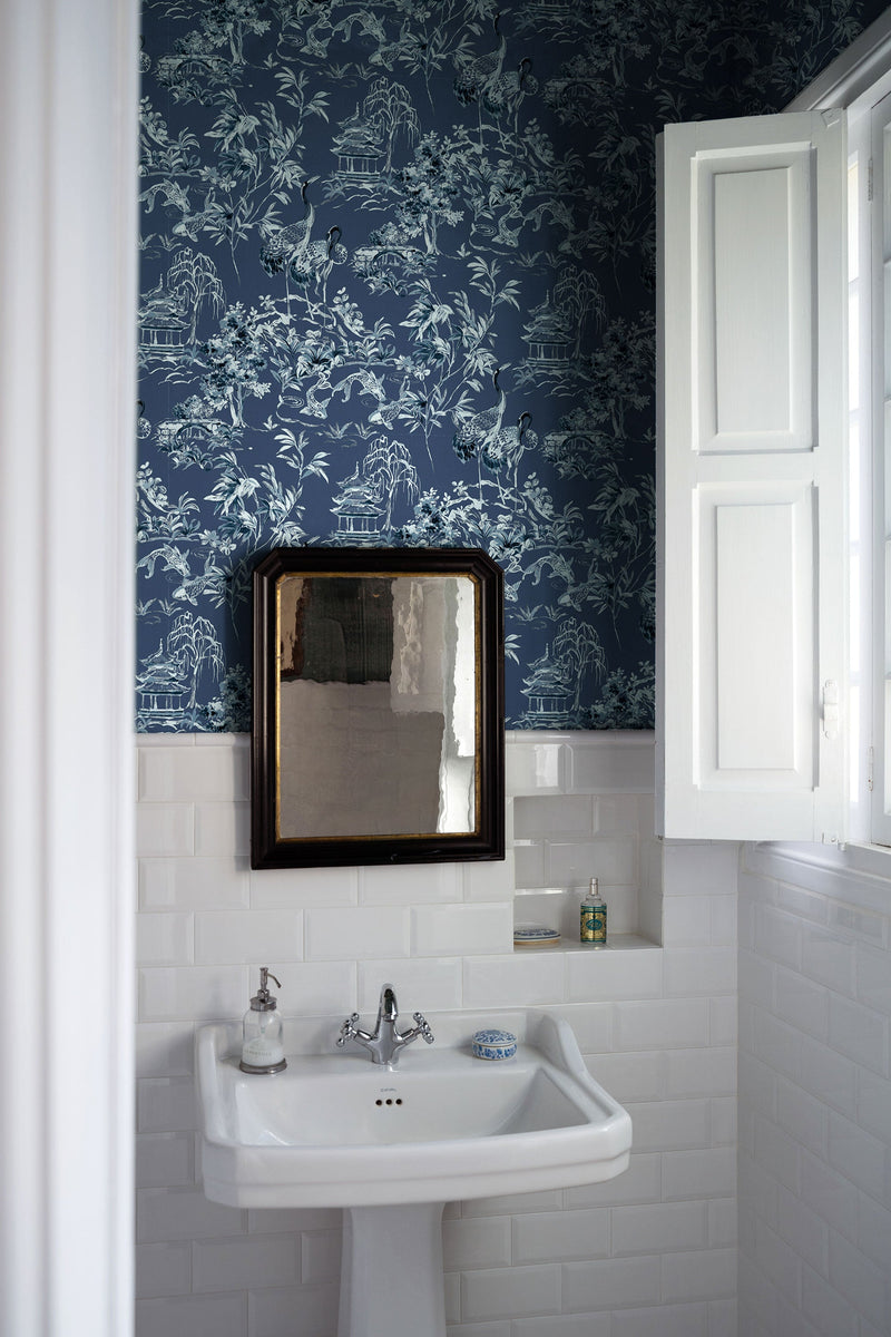 Ming Pagoda Navy Forbidden City Wallpaper by Coordonné