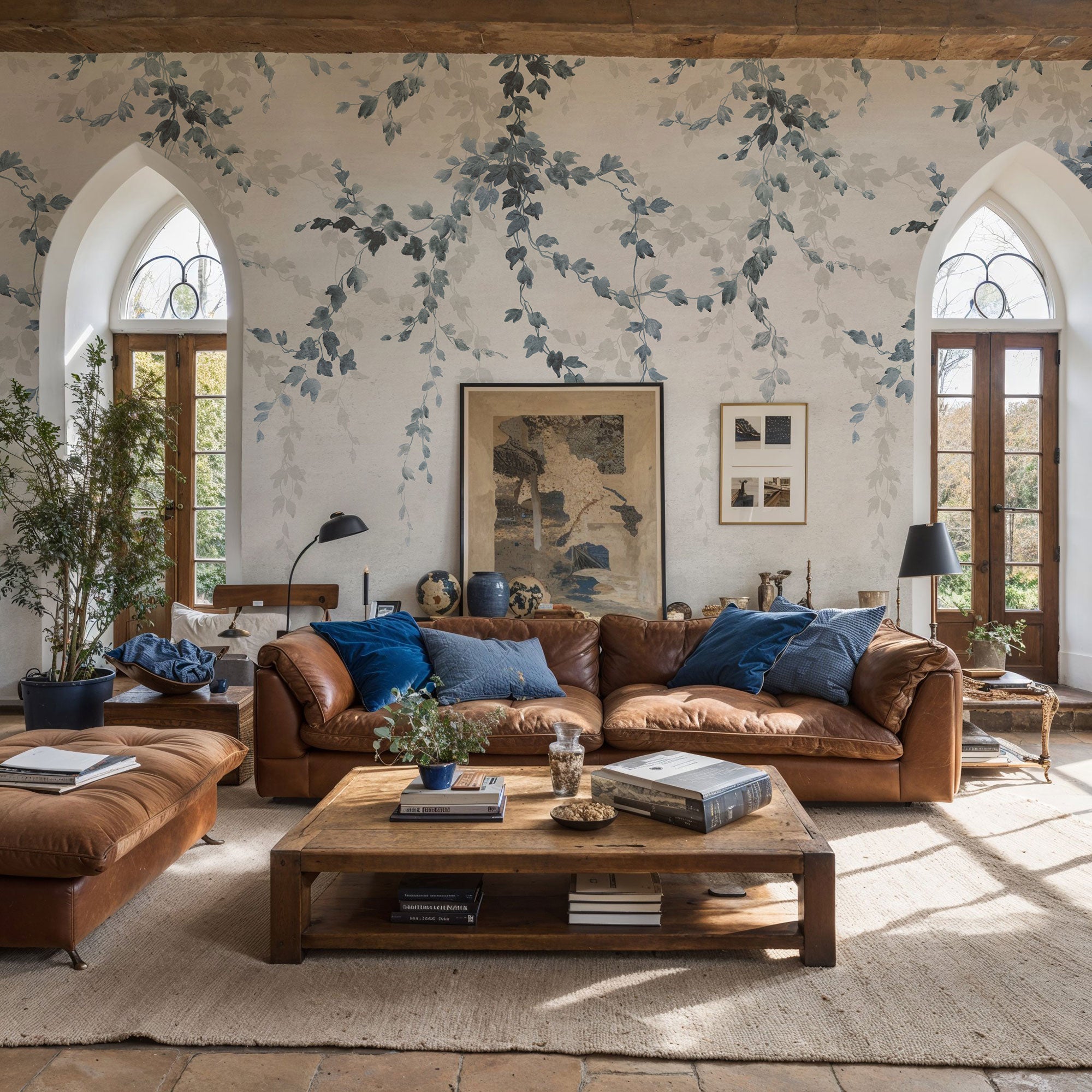 Vine Shadow Blue Victorian Mural by Coordonné