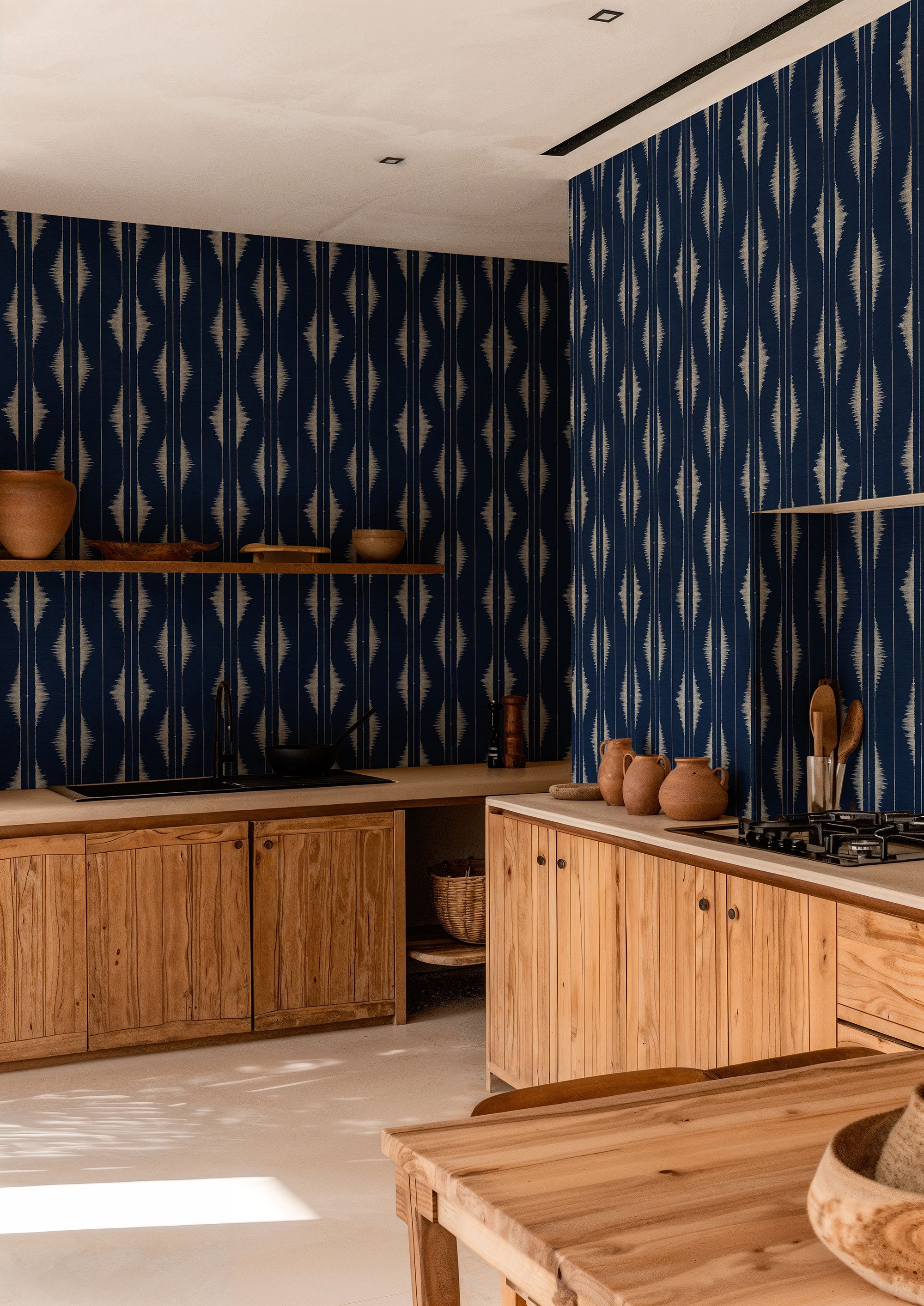 Azilal embroidery Ultramarine Berber Wallpaper by Coordonné