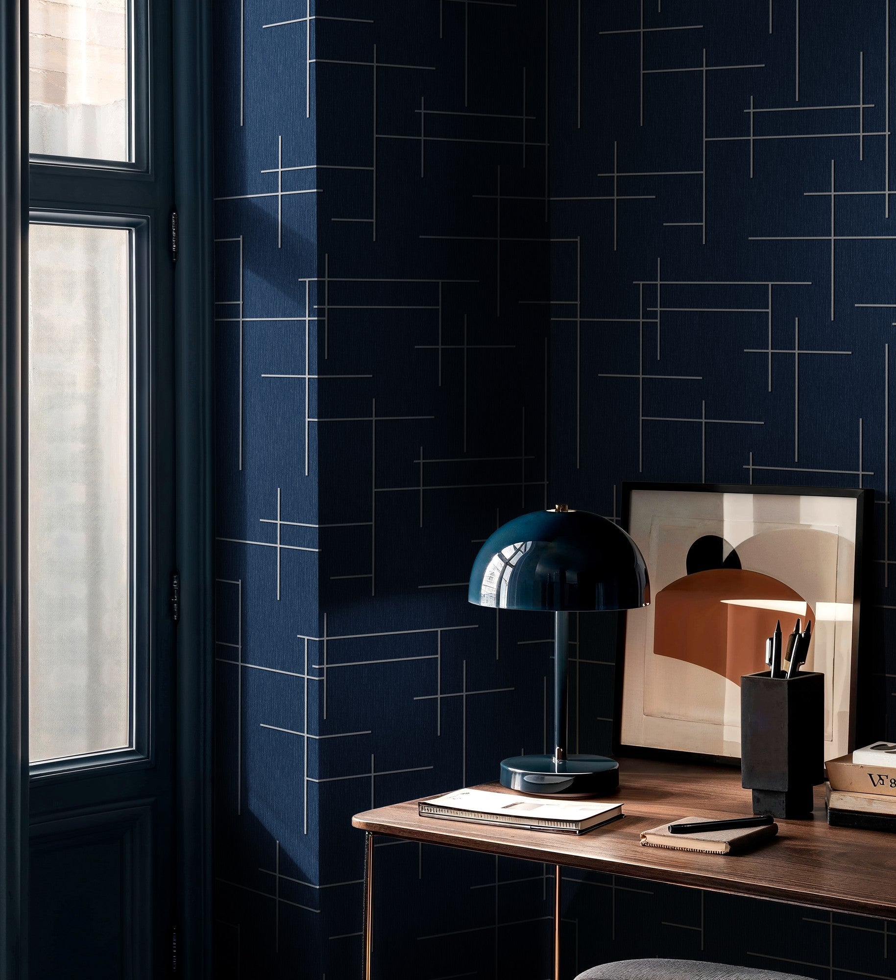 B00524 Monoclinic Ultramarine Lattice Wallpaper by Coordonné