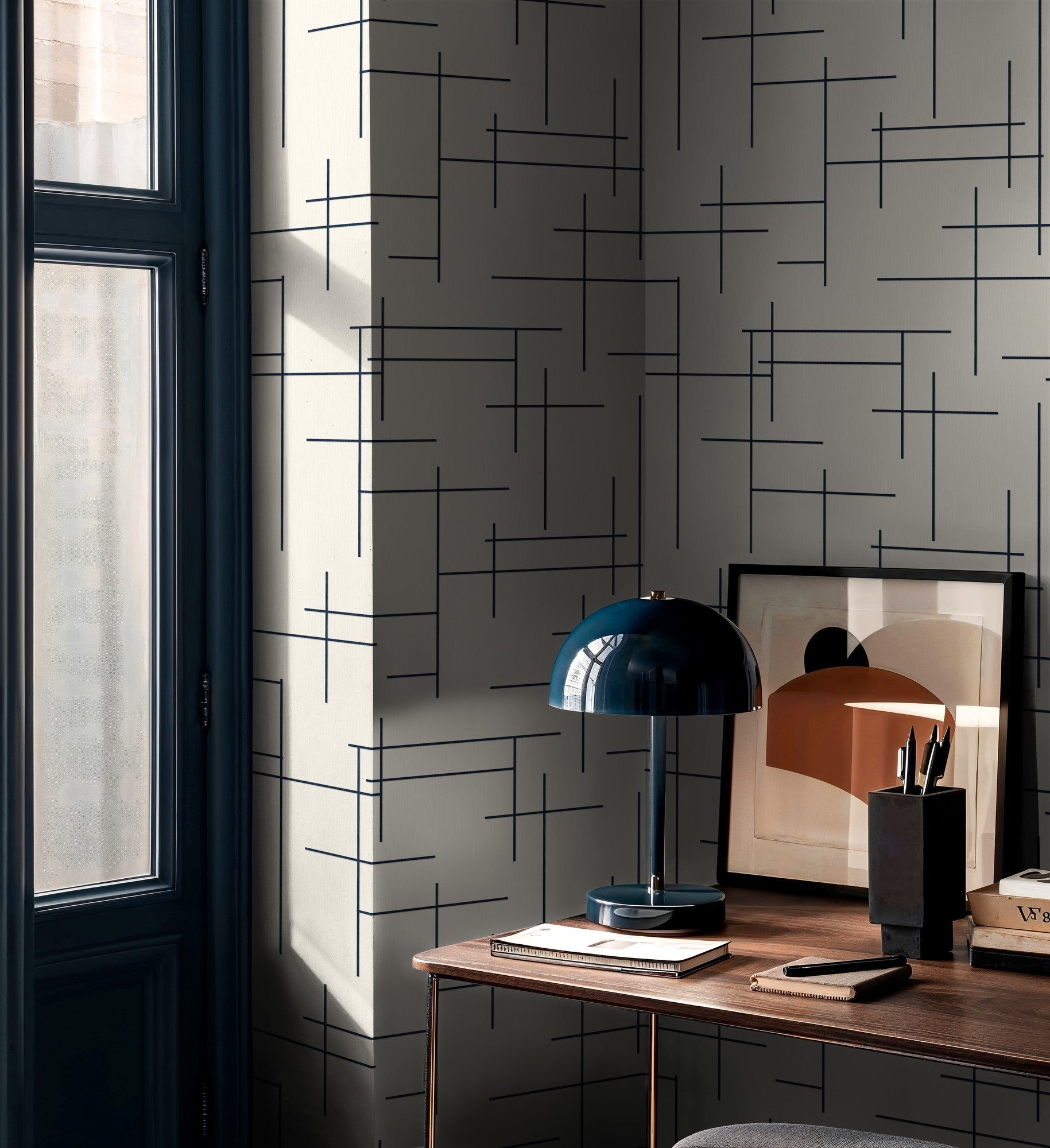 B00529 Monoclinic Navy Lattice Wallpaper by Coordonné