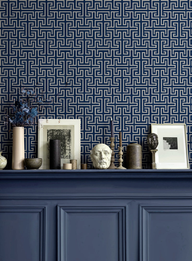 B00553 Maze Navy Lattice Wallpaper by Coordonné