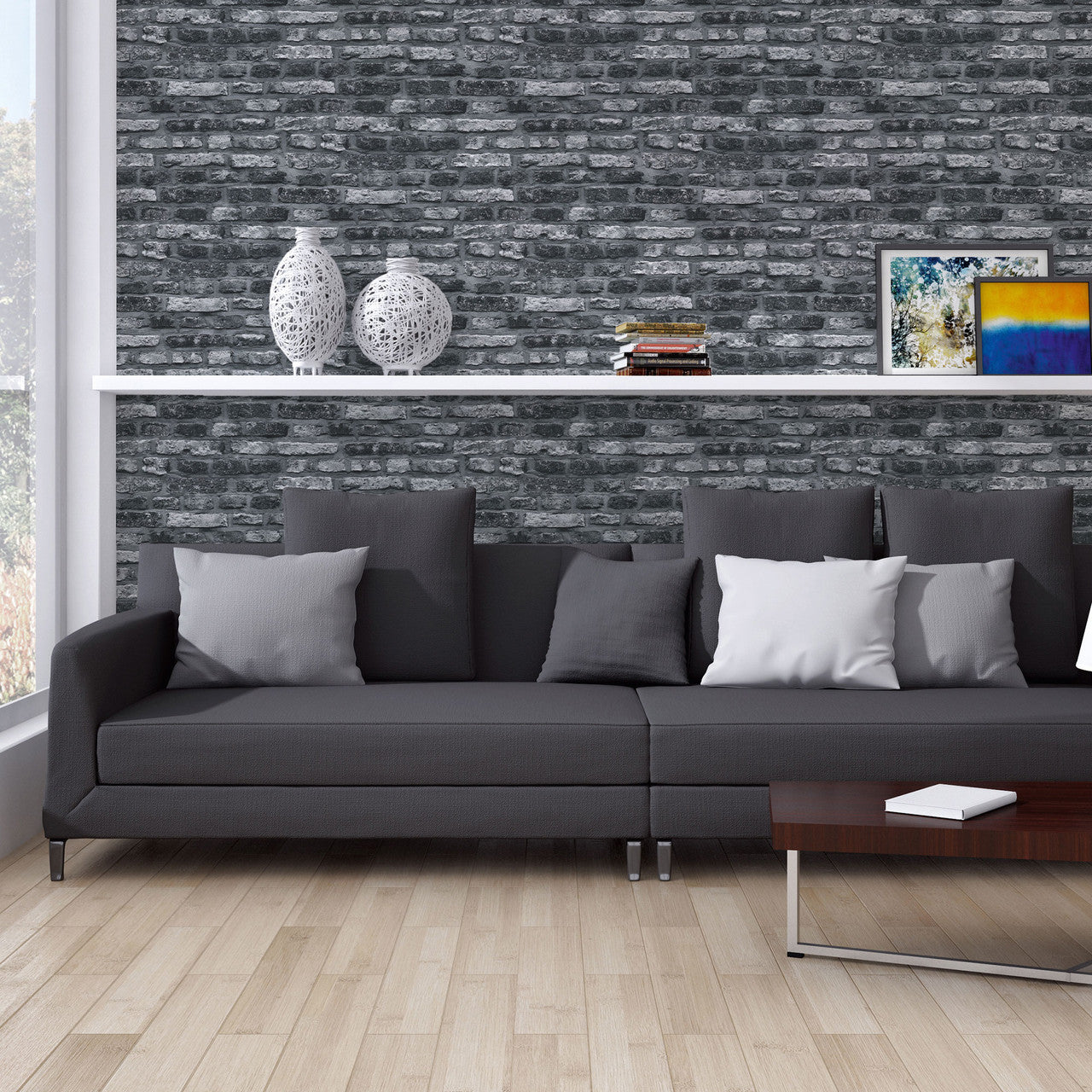 BB51112 Brickshire Residents Motif Bricks and More Grey and Black Wallpaper By Galerie