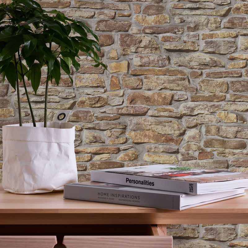 BB51127 Stone Symphony Motif Bricks and More Beige and Brown Wallpaper By Galerie