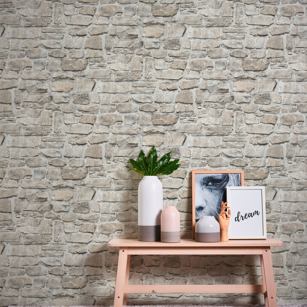 BB51130 Stone Symphony Motif Bricks and More Beige and Grey Wallpaper By Galerie