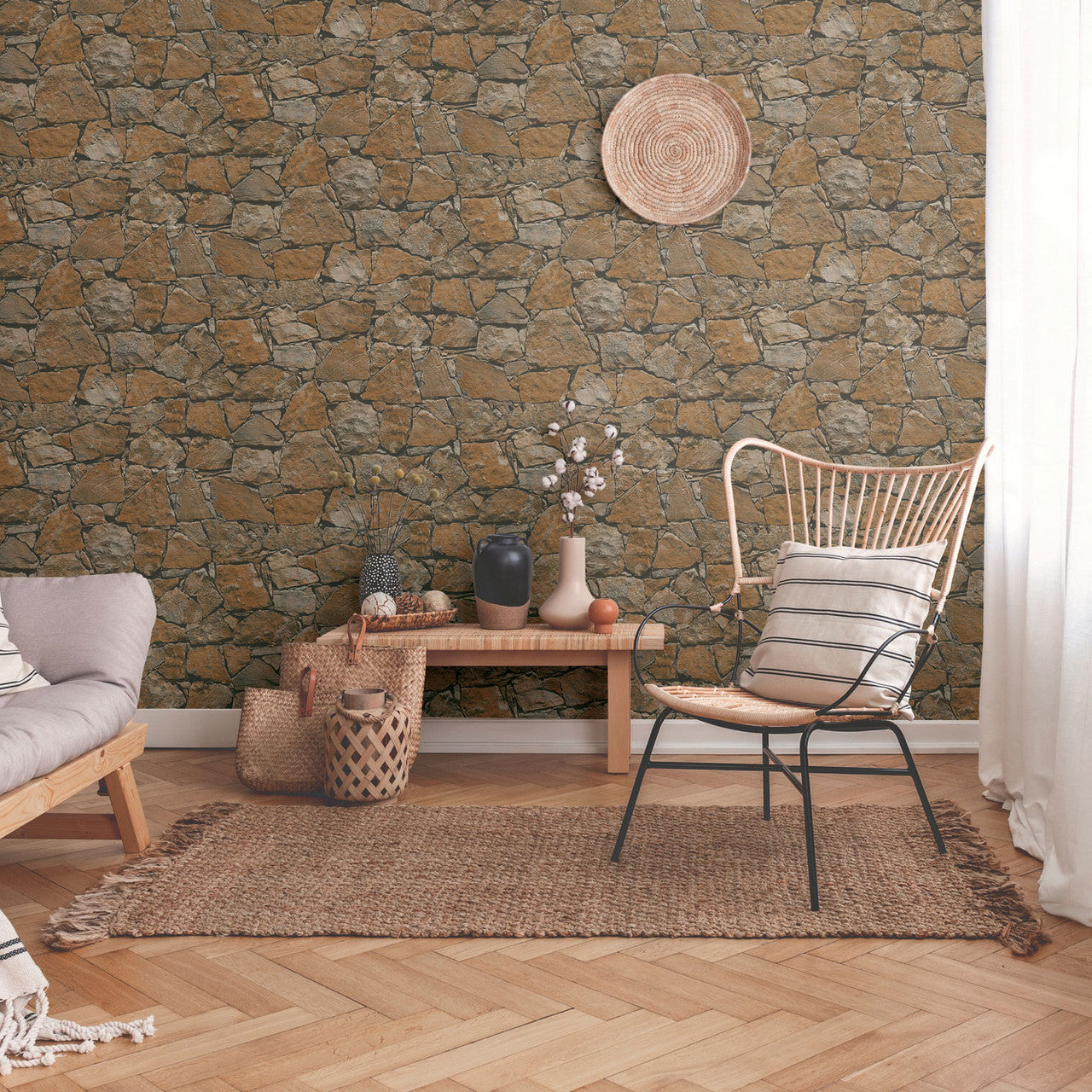 BB51138 Claystone Cottage Motif Bricks and More Beige, Brown and Black Wallpaper By Galerie