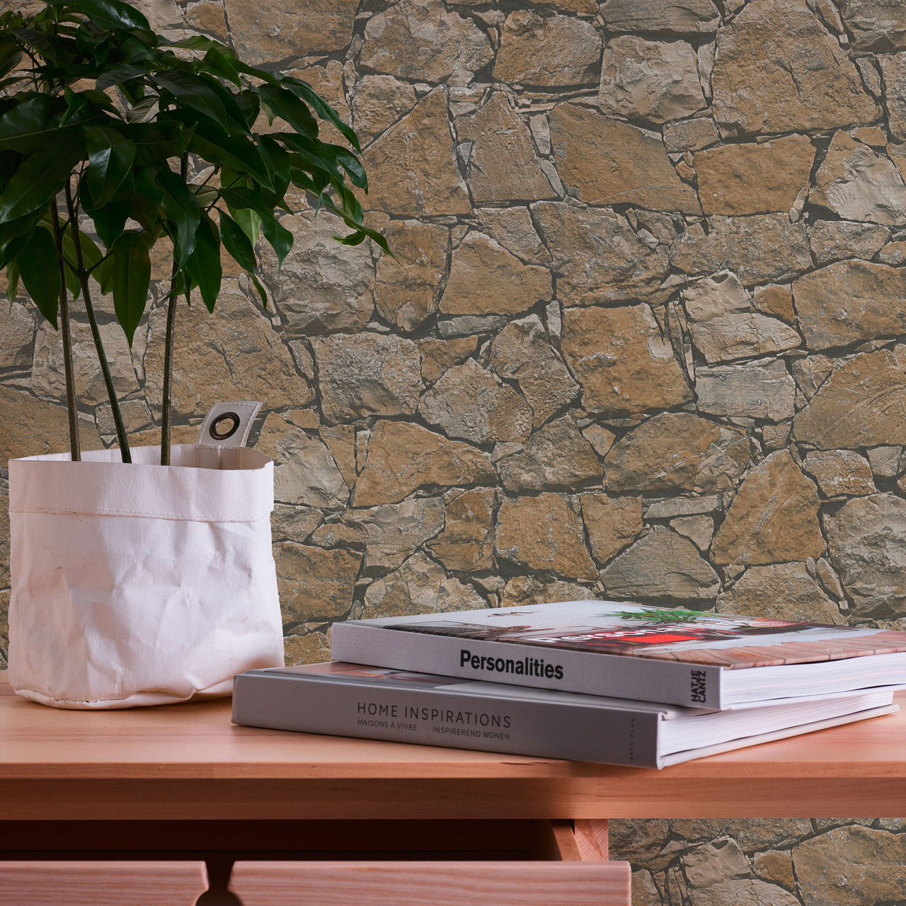 BB51138 Claystone Cottage Motif Bricks and More Beige, Brown and Black Wallpaper By Galerie