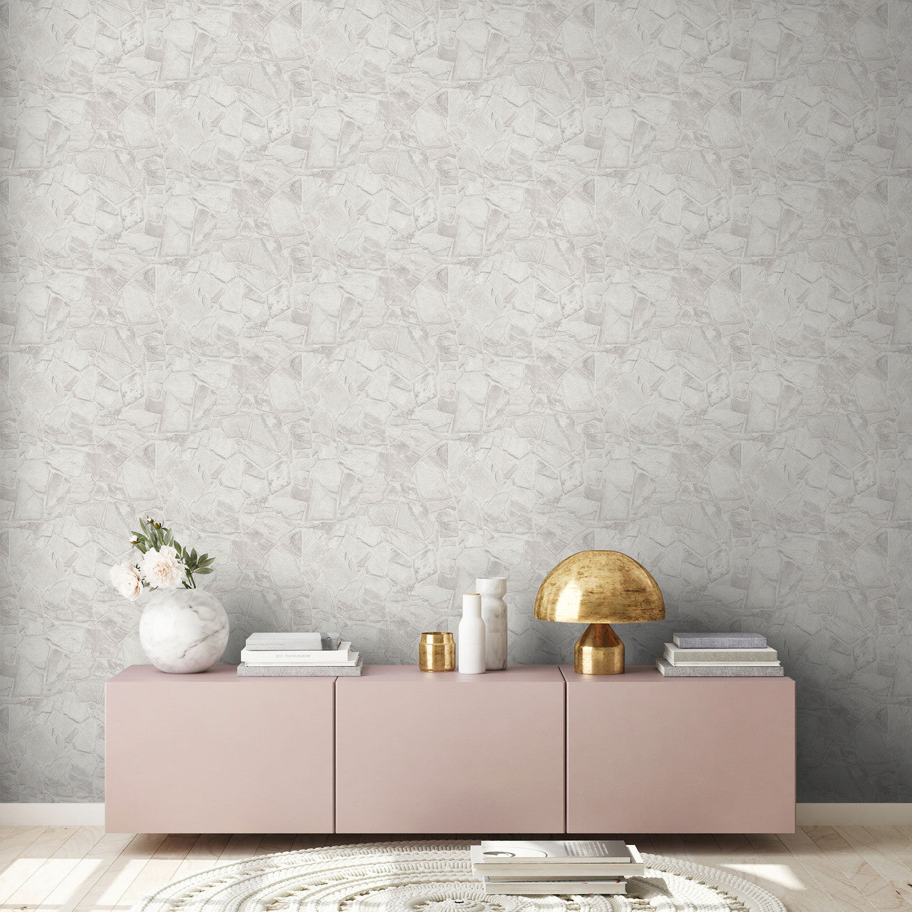 BB51139 Petrified Paradise Motif Bricks and More Grey and White Wallpaper By Galerie