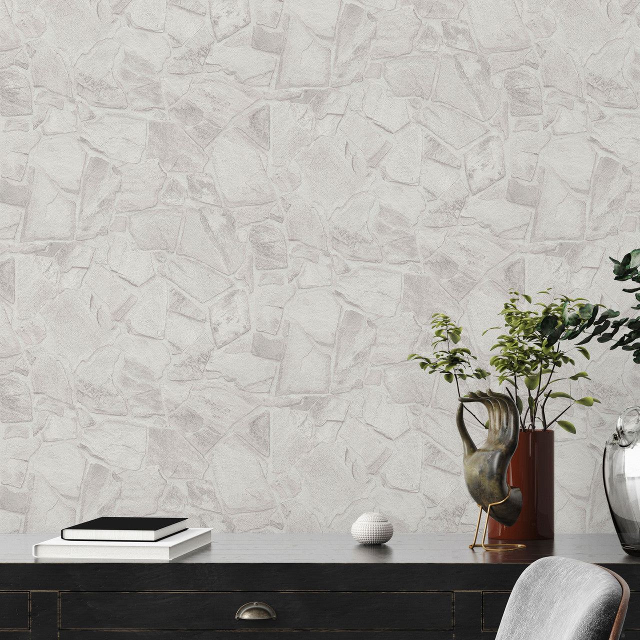 BB51139 Petrified Paradise Motif Bricks and More Grey and White Wallpaper By Galerie